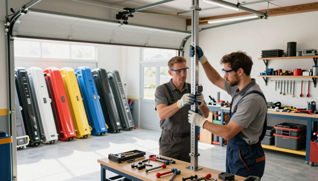 A busy garage door workshop scene showcasing experienced garage door technicians at work. In the foreground, two technicians in professional business attire, wearing safety goggles and gloves, expertly maneuver a garage door mechanism, focused and collaborative. One technician inspects tools laid out on a workbench, while the other adjusts a door spring. In the middle ground, an open garage door reveals an assortment of colorful, modern garage doors stacked neatly. The background features a clean, well-organized workspace with shelves stacked with tools and parts, illuminated by natural light streaming through windows, creating a bright and inviting atmosphere. The shot is taken from a slightly high angle to capture the action and details, conveying professionalism and expertise in garage door repair services.