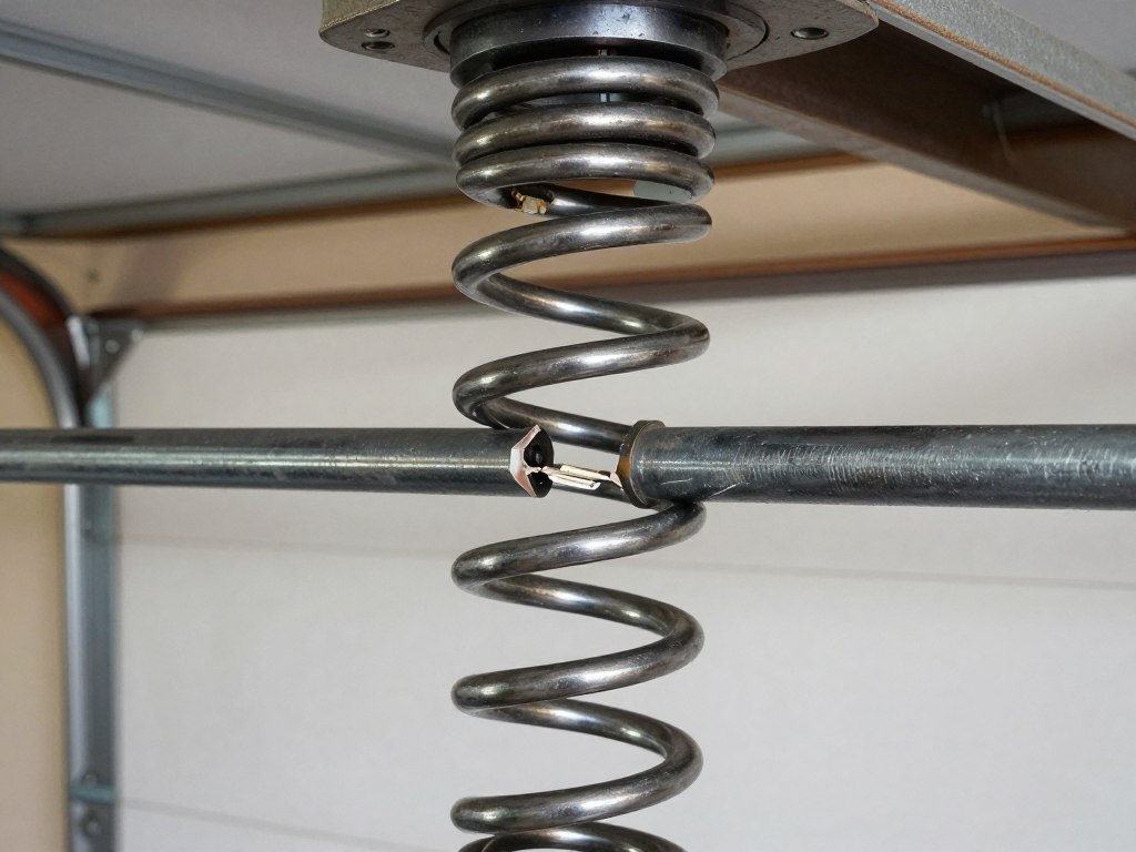 Broken garage door torsion spring showing metal coil separation and failure point