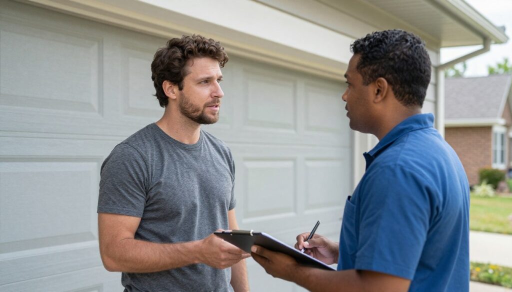 Customer asking questions about garage door repair to technician