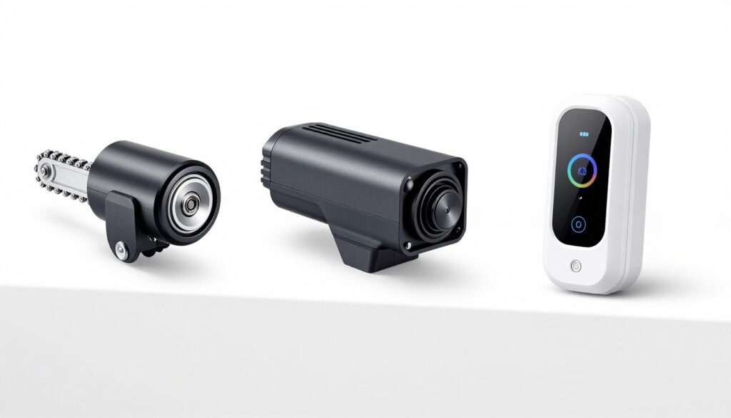 Different types of modern garage door openers displayed