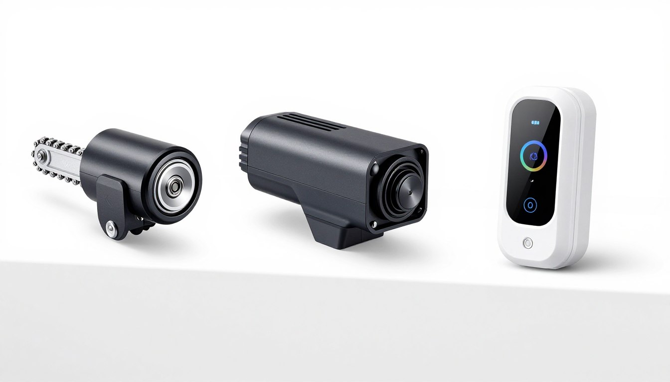 Different types of modern garage door openers displayed