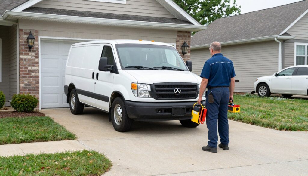 Emergency garage door repair service truck arriving at residence