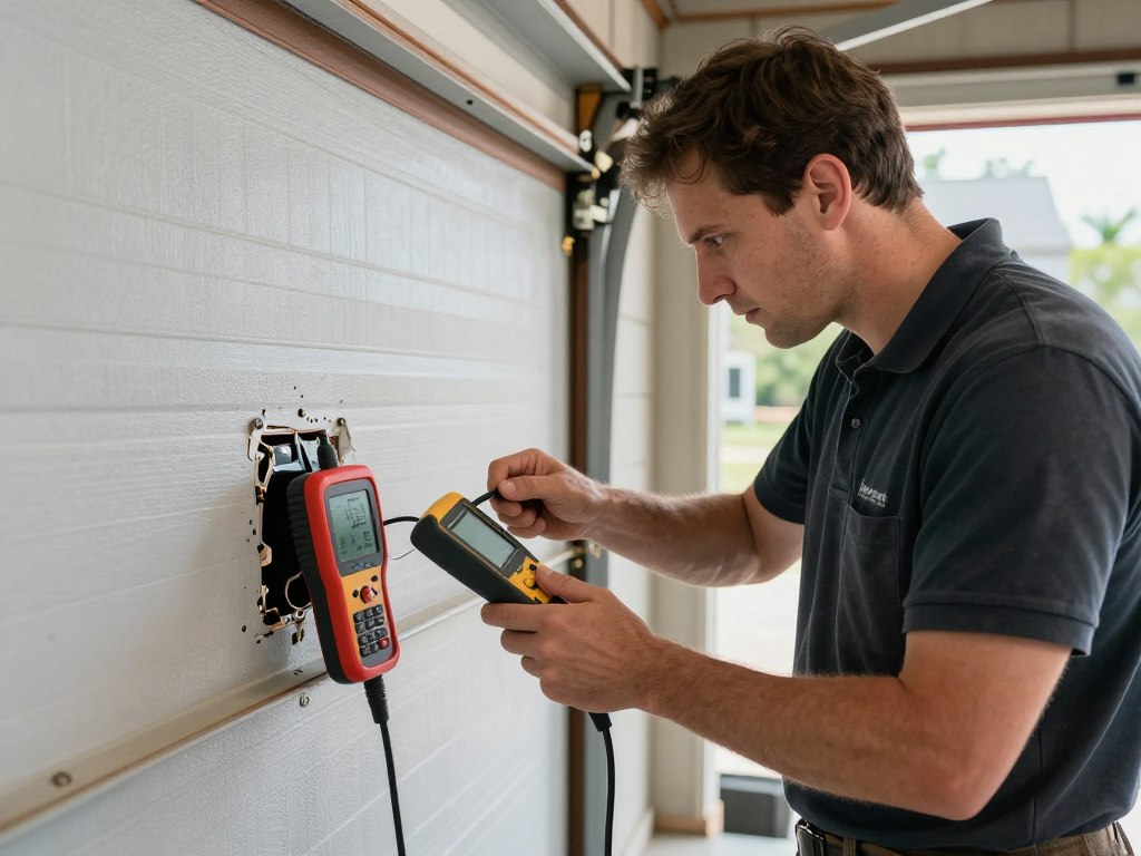 Emergency garage door repair technician diagnosing broken garage door opener in Independence Missouri