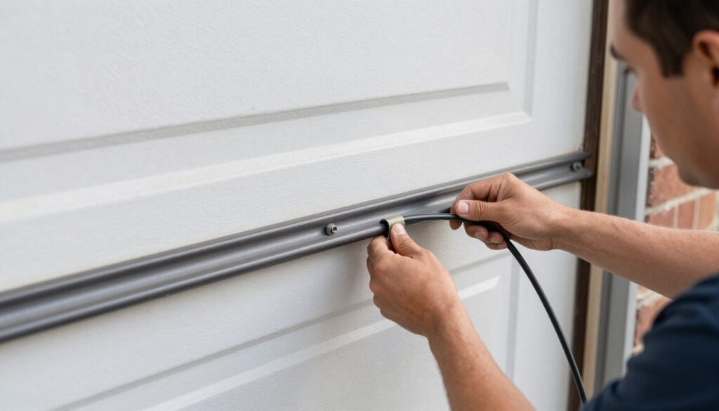 Garage door cable repair showing frayed cable replacement in Independence Missouri