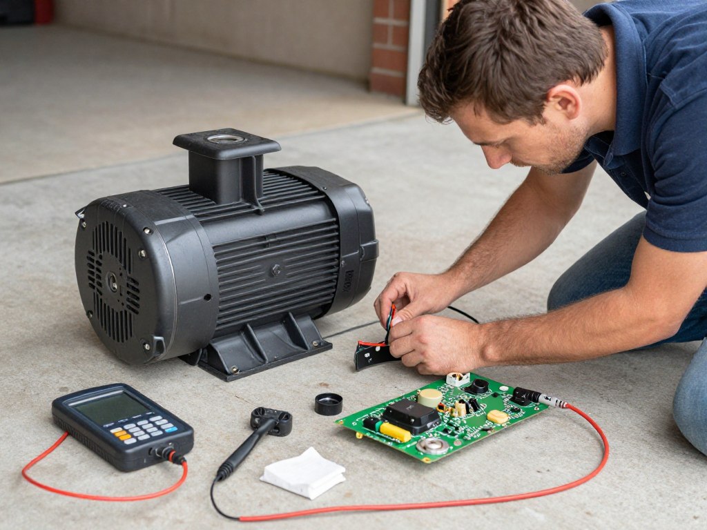 Garage door opener repair showing motor and circuit board diagnostic