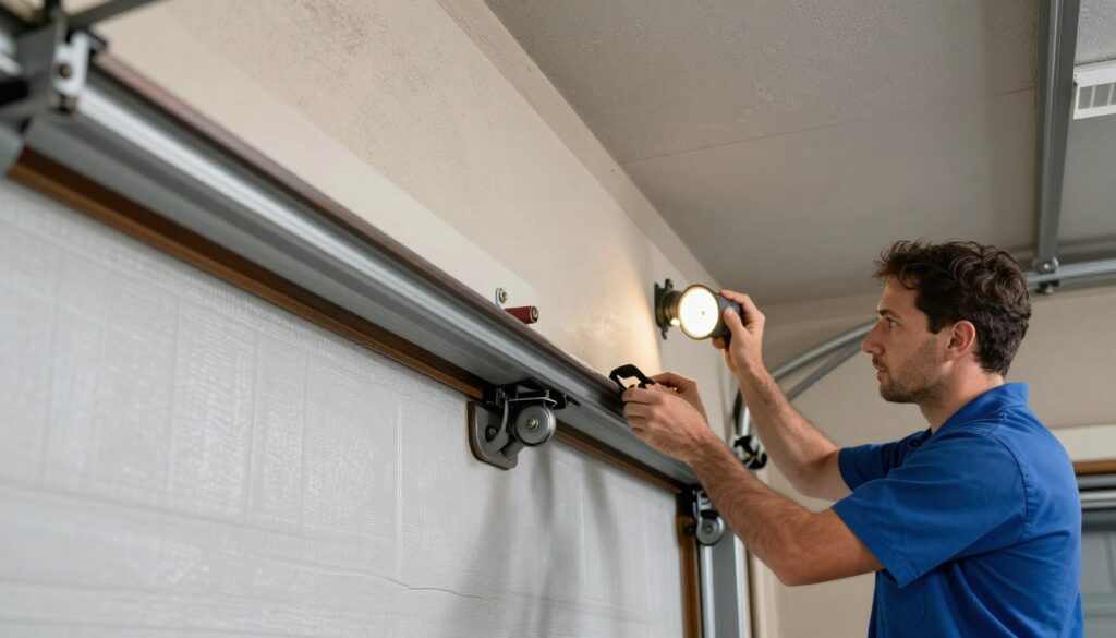 Garage door service technician examining off-track garage door with visible roller damage