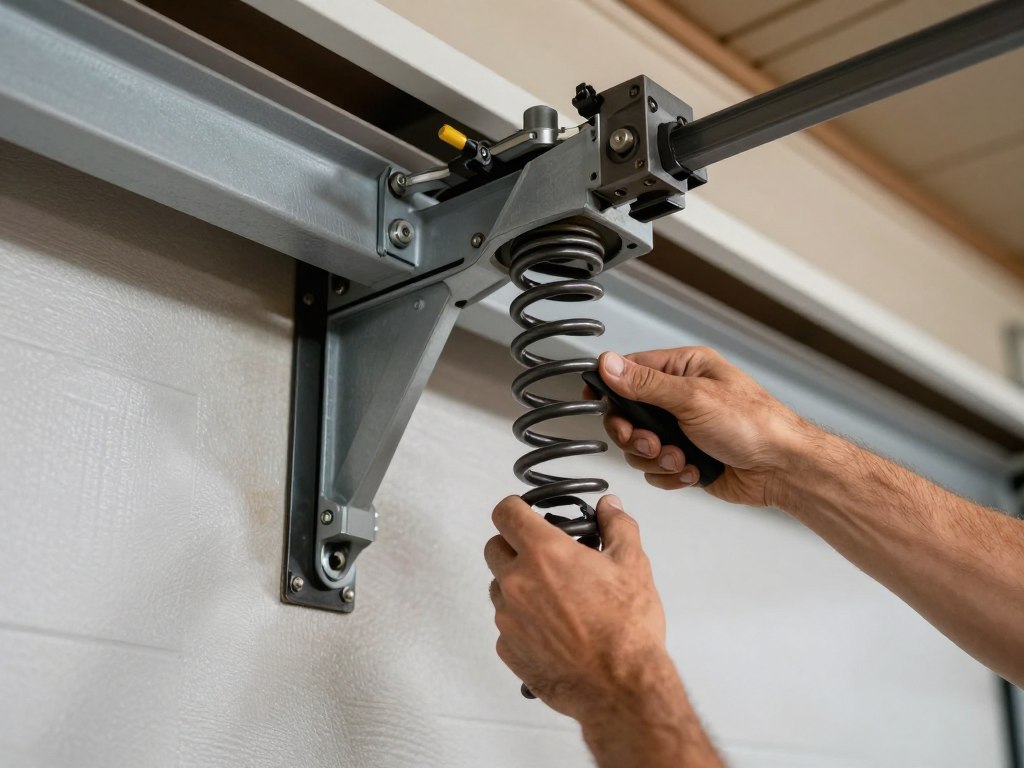 Garage door spring repair showing broken torsion spring replacement process
