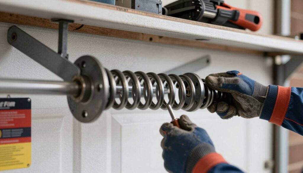 Garage door spring repair showing torsion spring replacement Independence Missouri