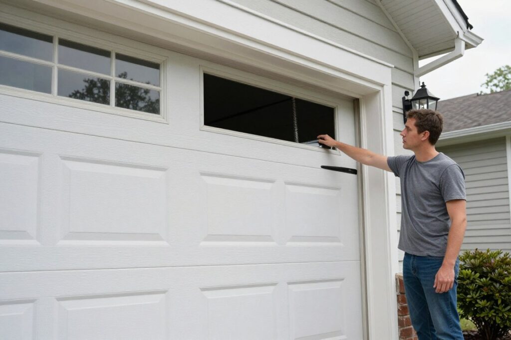 Garage door stuck partially open due to broken spring in Independence