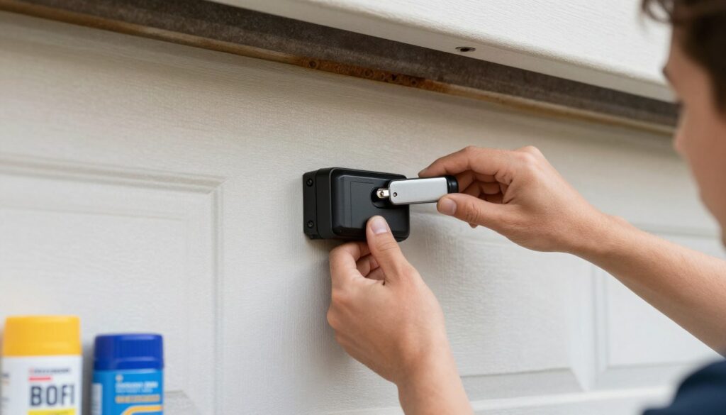 Homeowner performing routine garage door opener maintenance