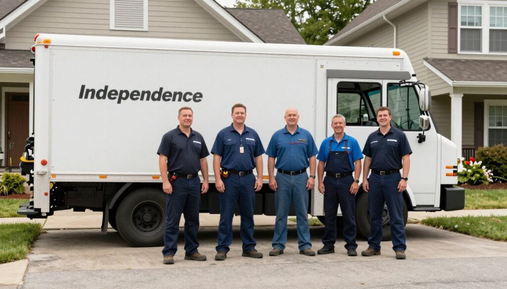 Professional garage door repair team with service truck in Independence Missouri