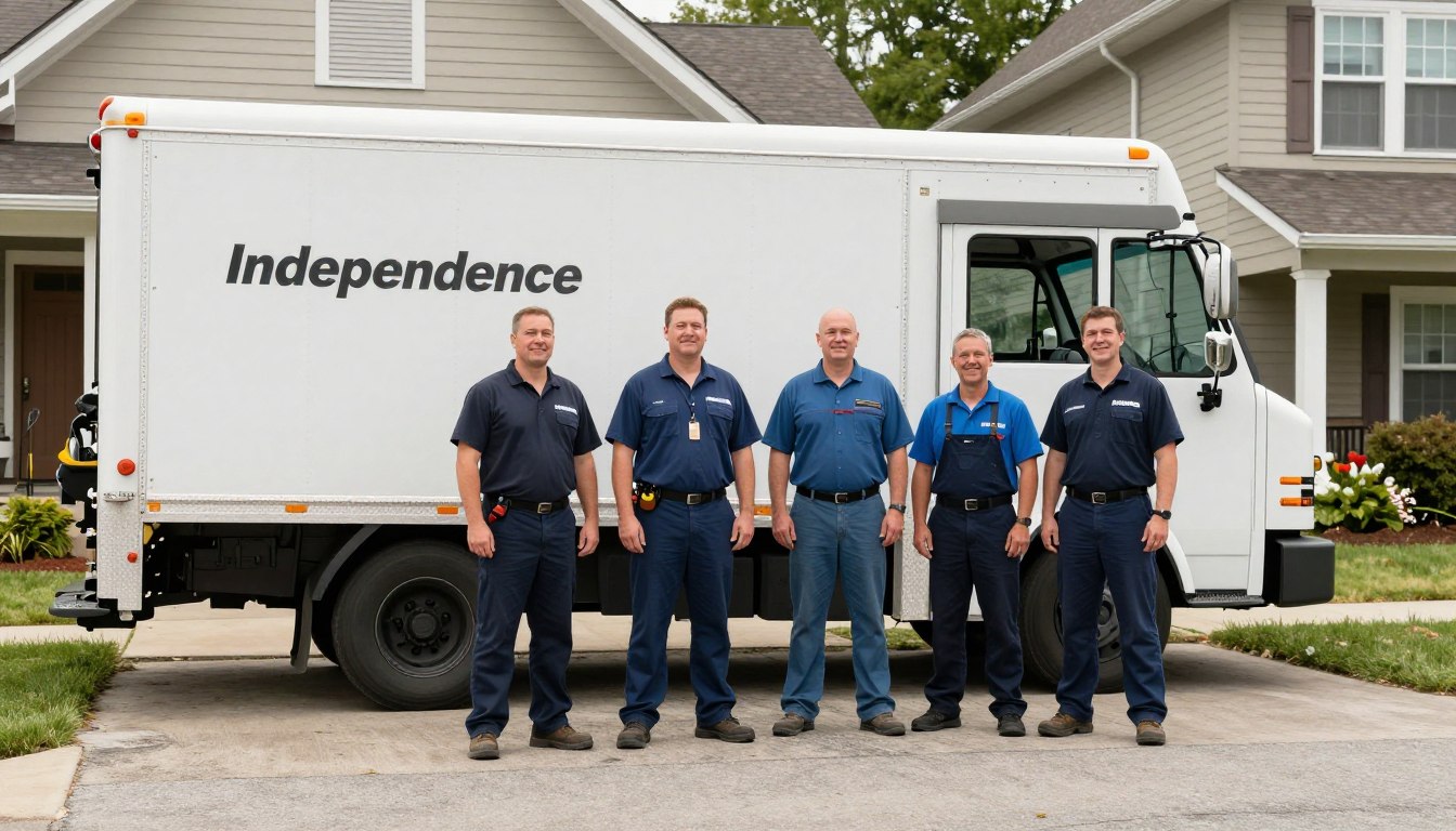 Professional garage door repair team with service truck in Independence Missouri 24/7 Emergency Garage Door Repair Independence Missouri Arrowhead Door Co. technician team with service truck in Independence, MO