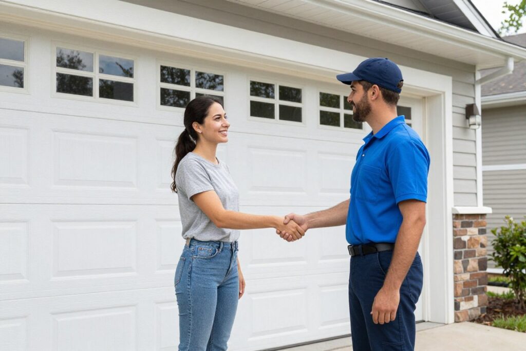 Satisfied customer with professional garage door technician