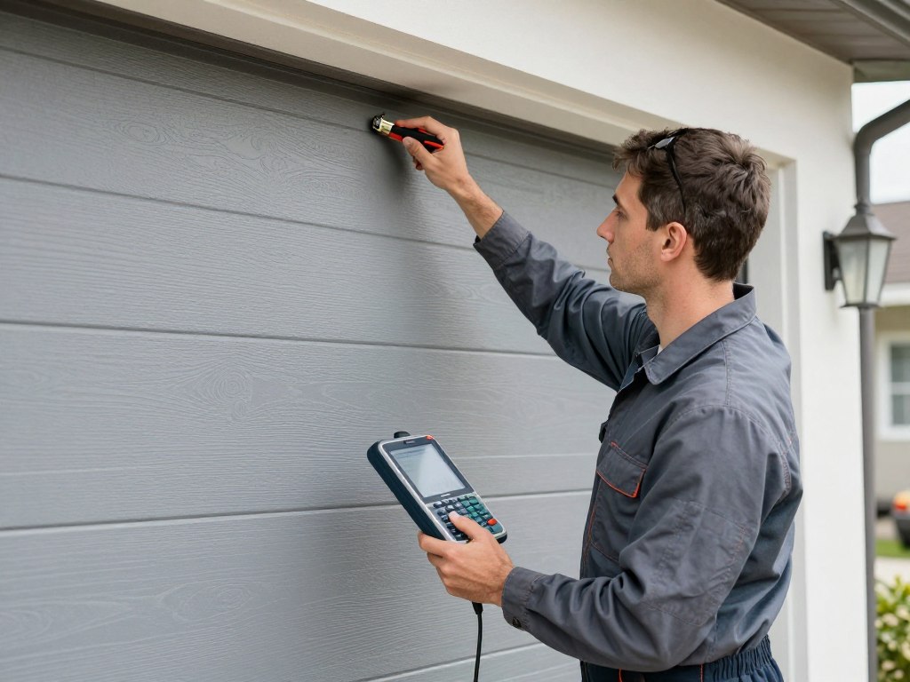 Technician diagnosing garage door problems with diagnostic tools