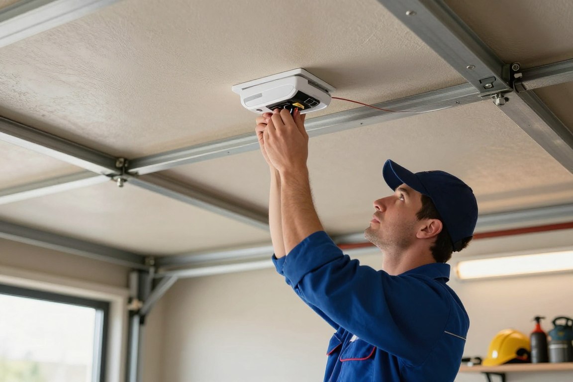 Technician performing garage door opener replacement installation