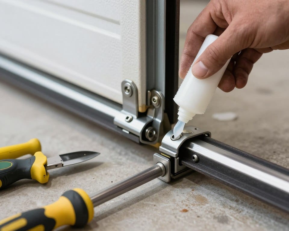 Close-up of garage door parts being lubricated during routine maintenance