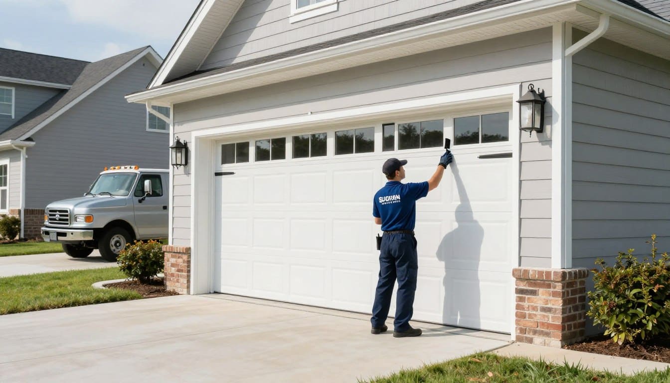 Professional technician performing garage door repair at a Sugar Creek, MO residential property