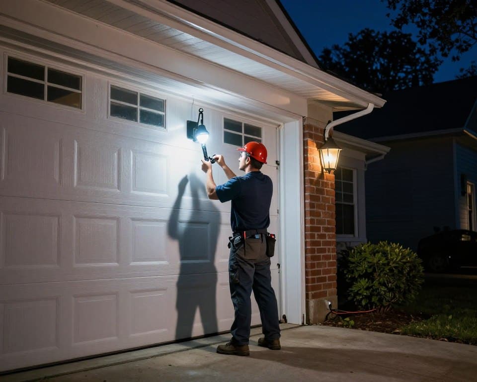 Technician performing emergency garage door repair at night
